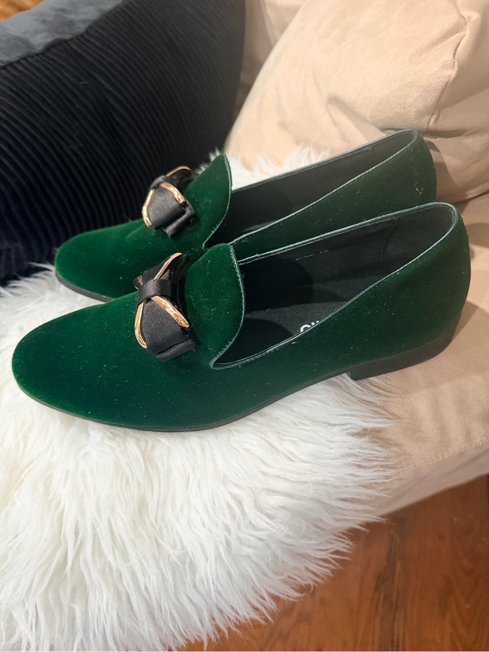 Green Velvet Bow Loafers for Women